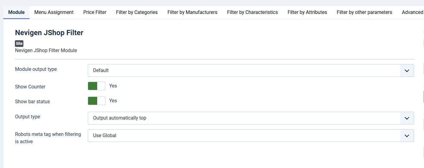 Фильтр товаров JoomShopping общие настройки